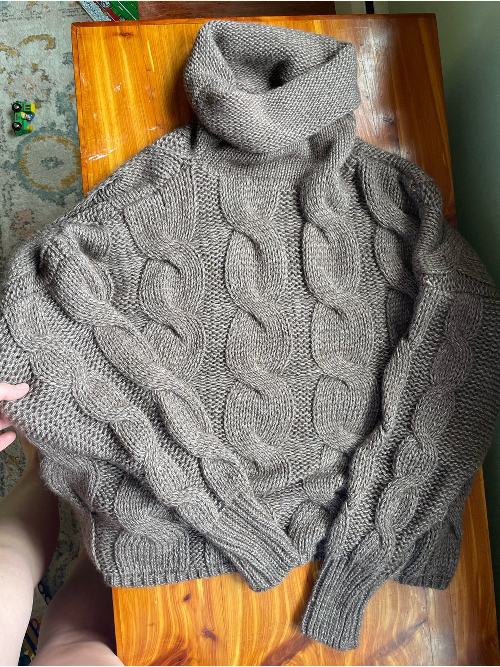 Chunky Cable Knit Turtleneck Sweater - Taupe wool blend